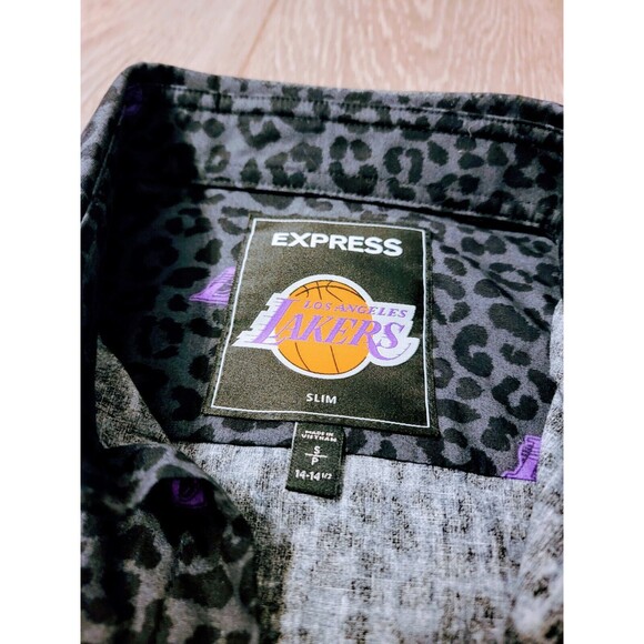 Lakers Button Down Leopard Print Shirt Mens Size S Slim Gray Black Long Sleeve - Picture 6 of 6